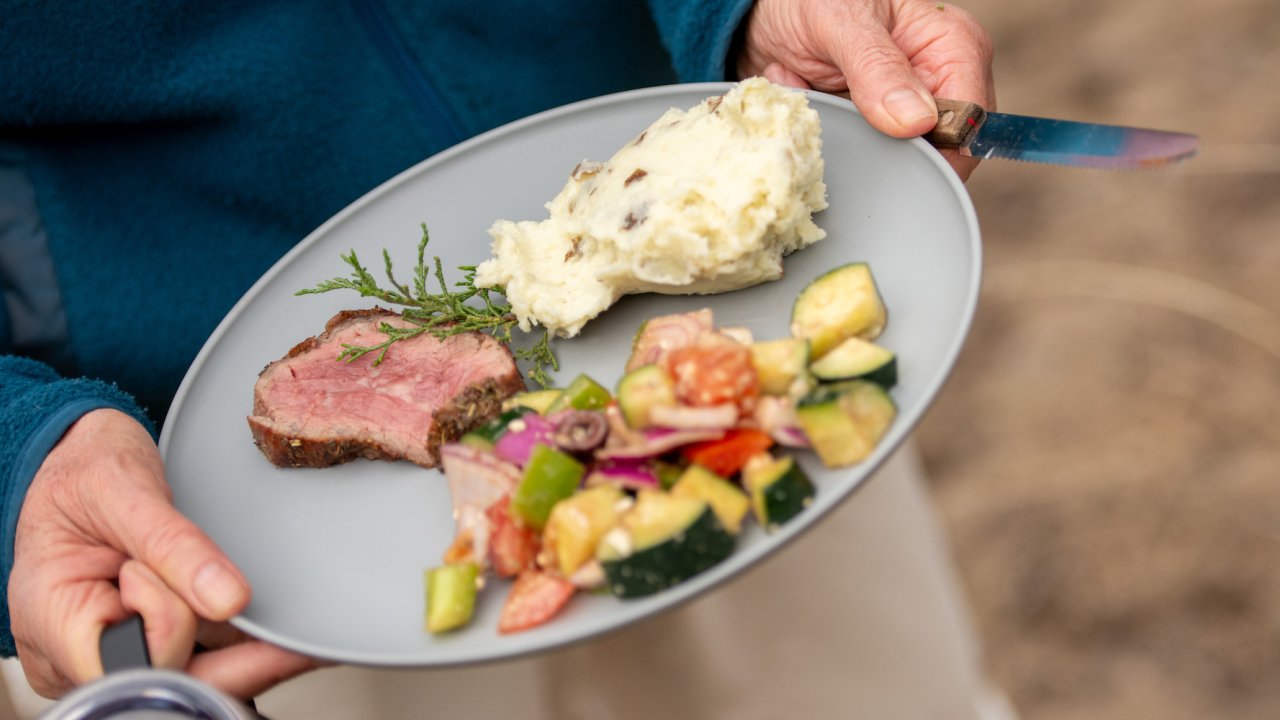 Person standing up holding a grey plate with steak, greek salad, and mashed potatoes