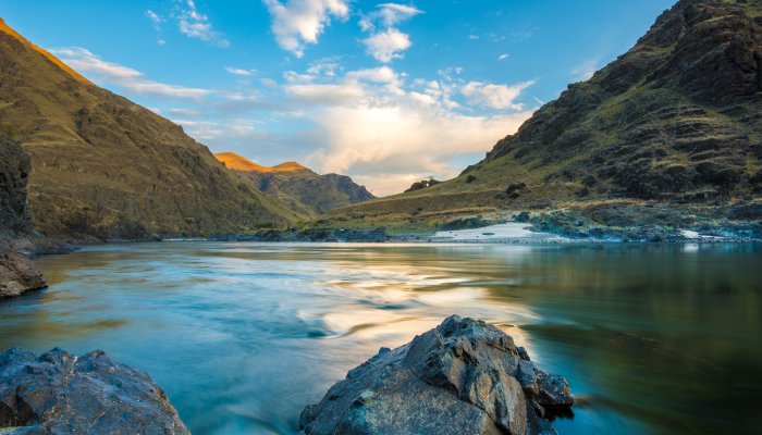 Water level shot looking downstream on the Lower Salmon River at golden hour
