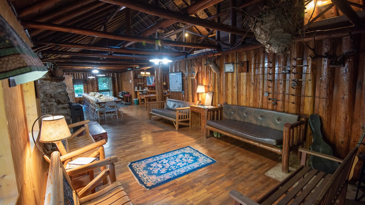 Living room area in Black Bar Lodge along the Rogue River, Oregon