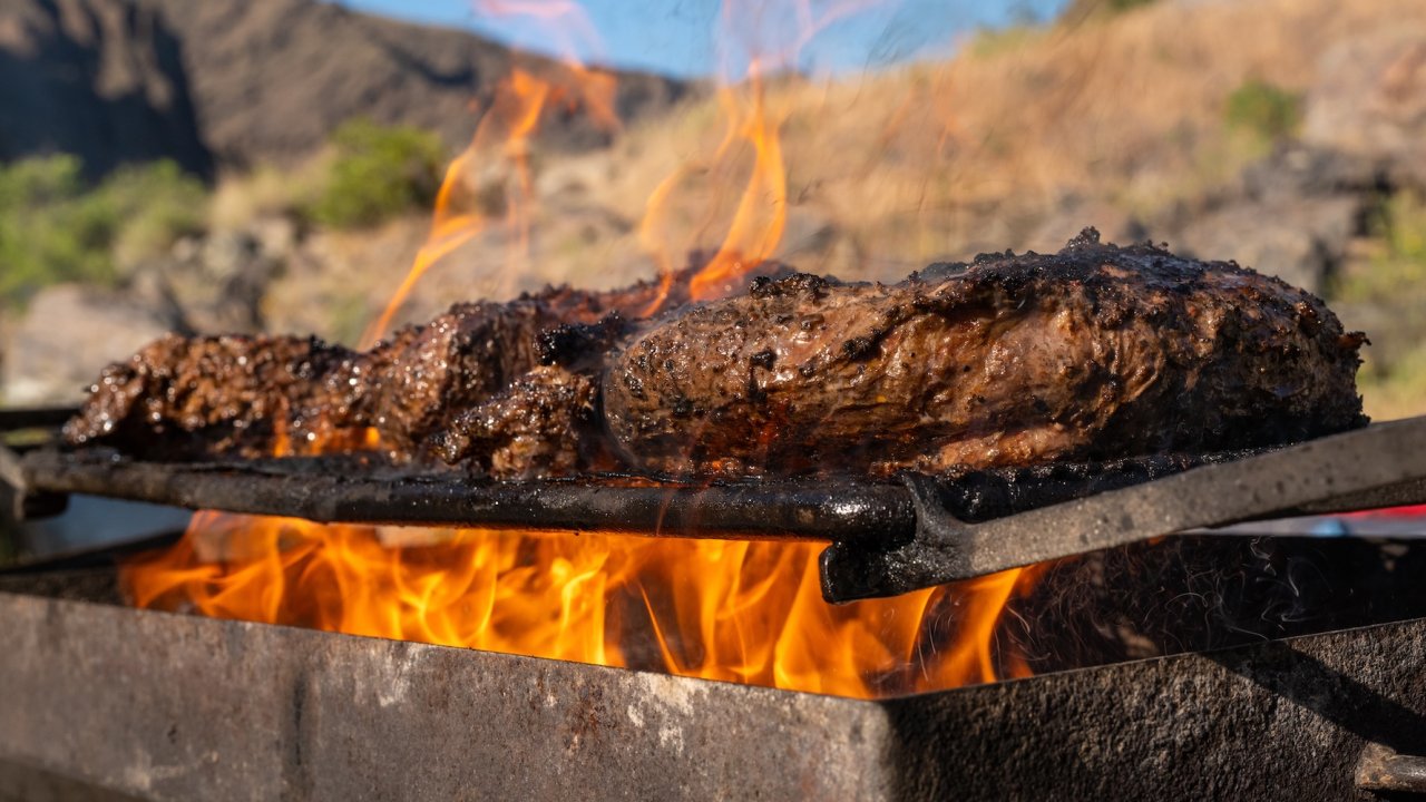 Steaks grilling over an open fire while on a Snake river rafting tour.