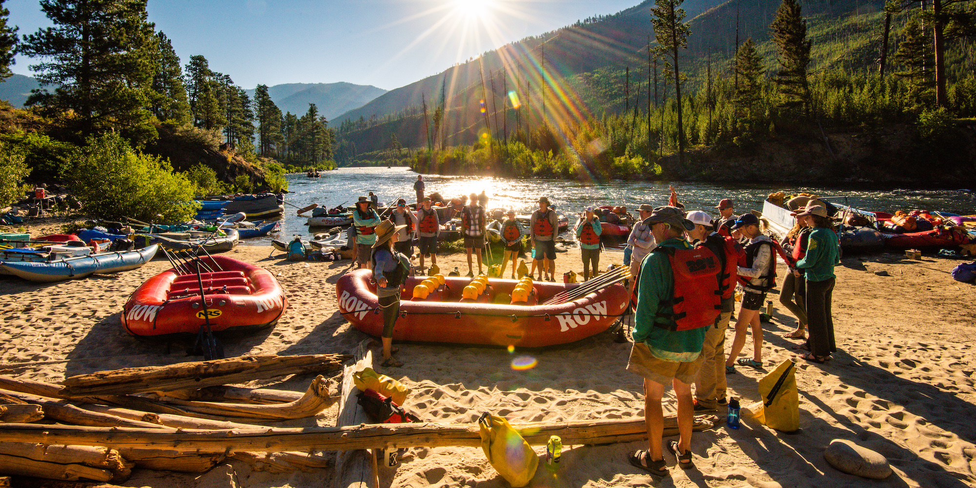 Group of river guides and guests getting ready to launch on the Middle Fork Salmon River
