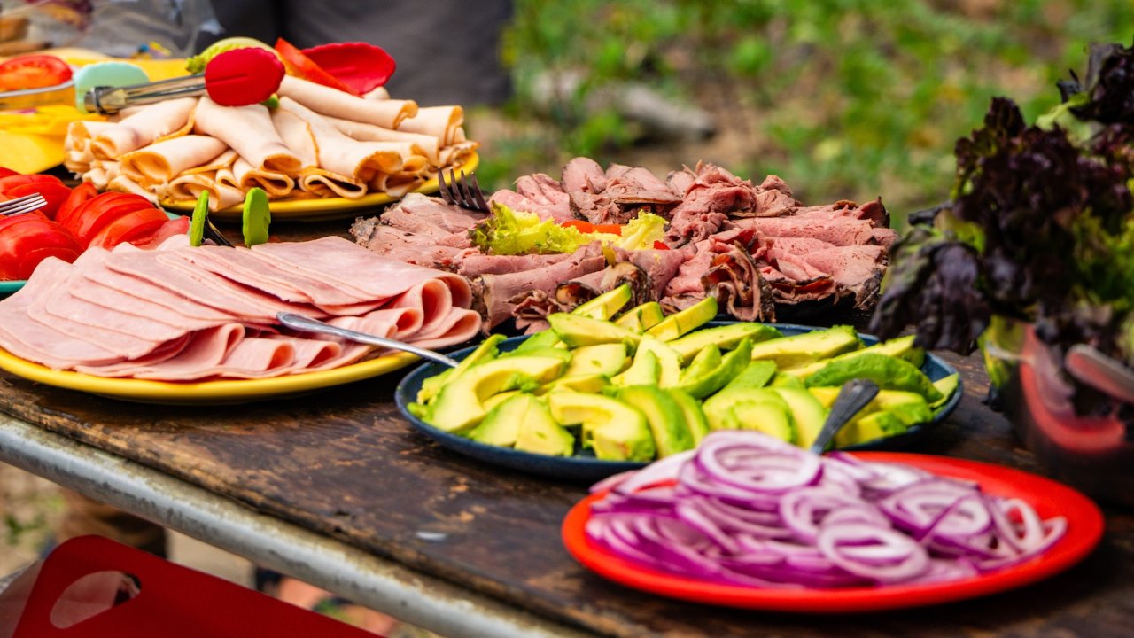 A platter of lunch food on a ROW Adventures whitewater rafting tour.