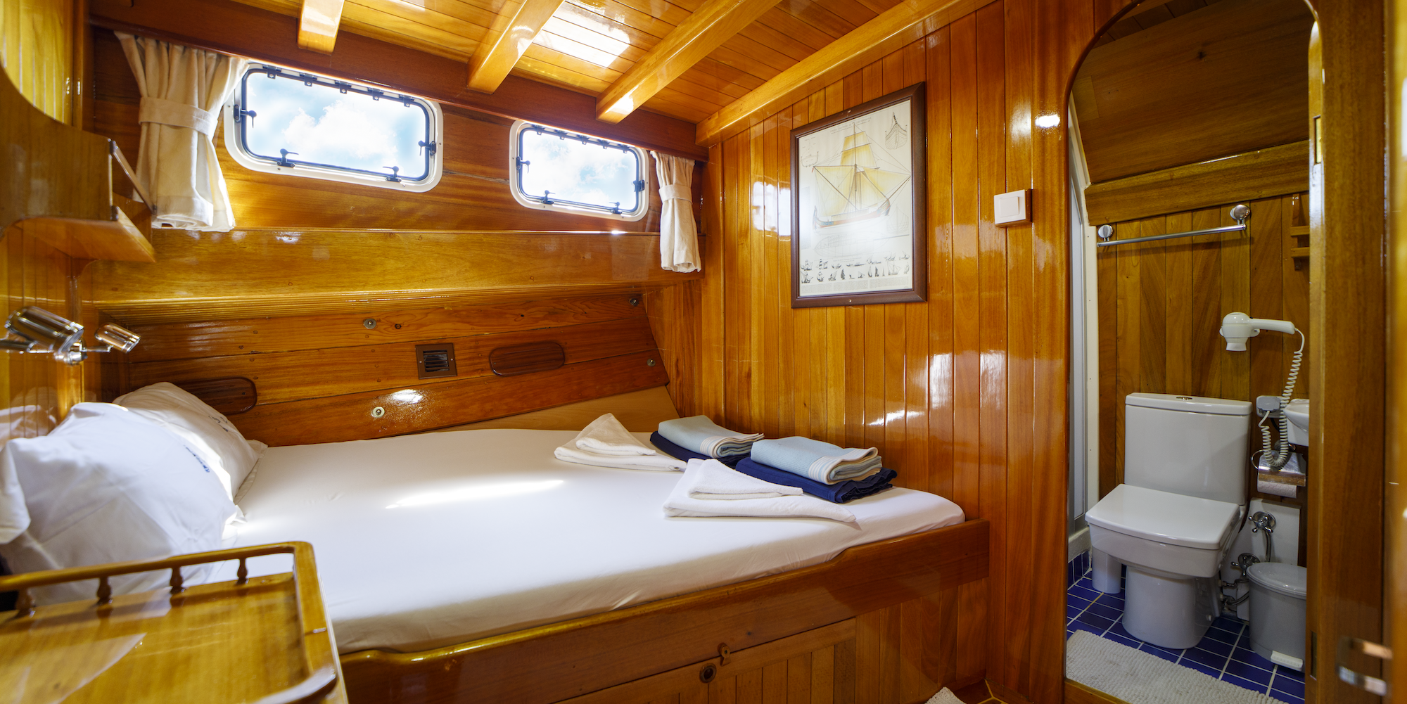 Inside of a cabin on a traditional gulet ship